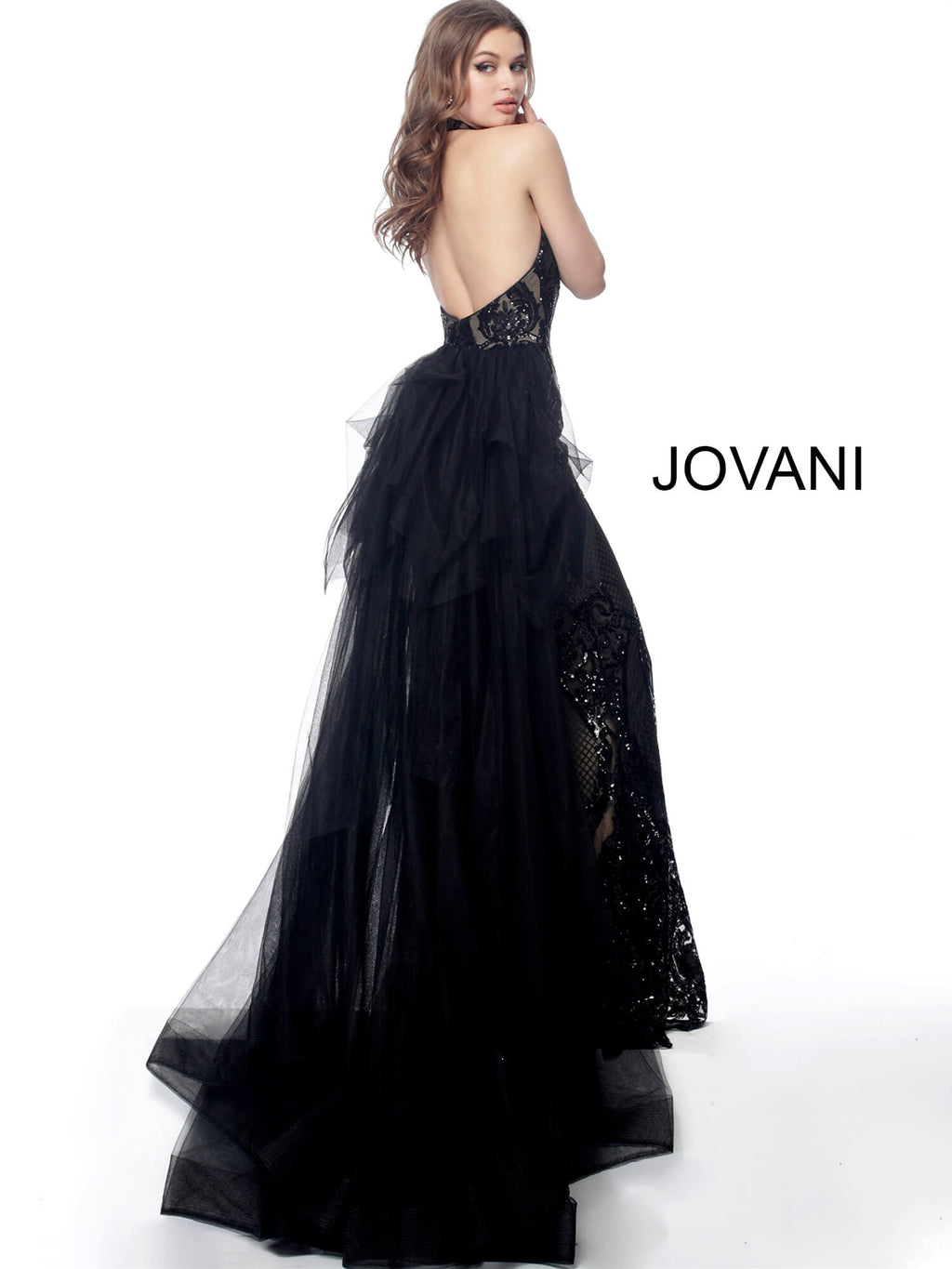 JOVANI 62635 Halter Neck Tulle Over skirt Evening Dress - CYC Boutique