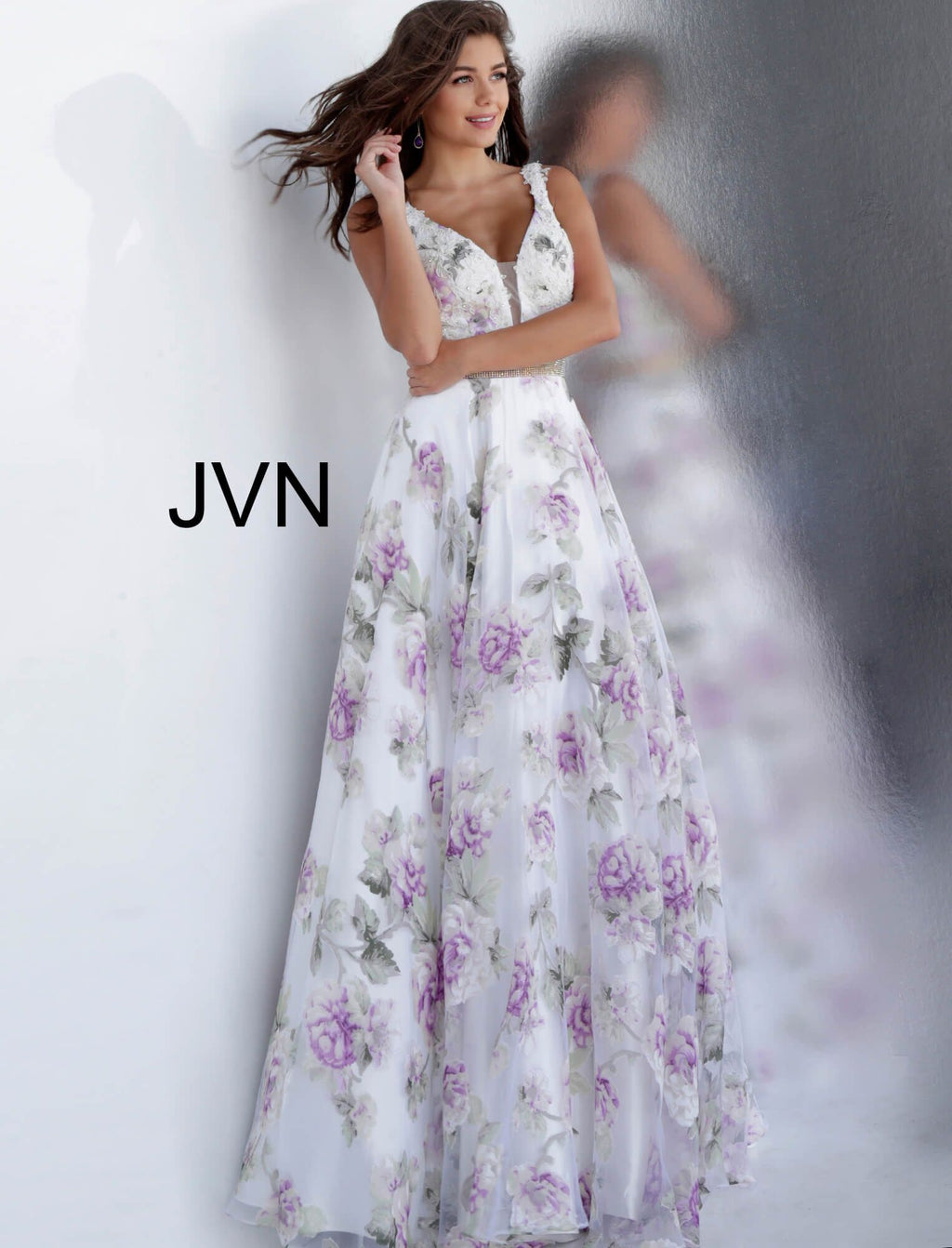 JVN by JOVANI White Floral Print Embellished Belt Prom Ballgown - CYC Boutique