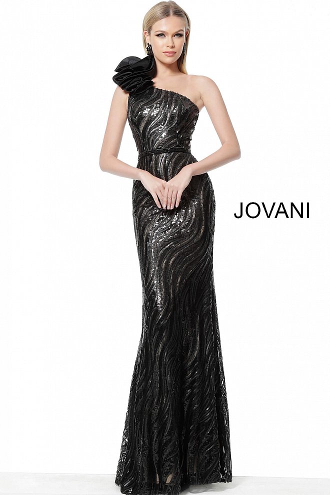 JOVANI 56095 Black One Shoulder Embellished Evening Dress - CYC Boutique