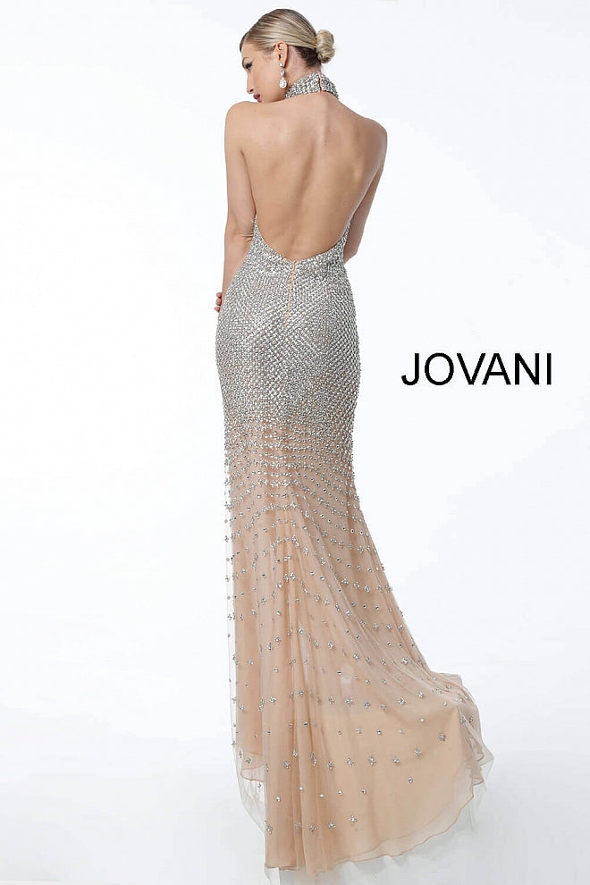 JOVANI 57018 Nude Silver Beaded High Neck Pageant Dress - CYC Boutique