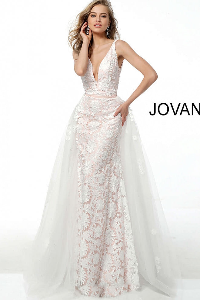 JOVANI 58563 Off White Blush Plunging Neckline Sleeveless Bridal Gown - CYC Boutique