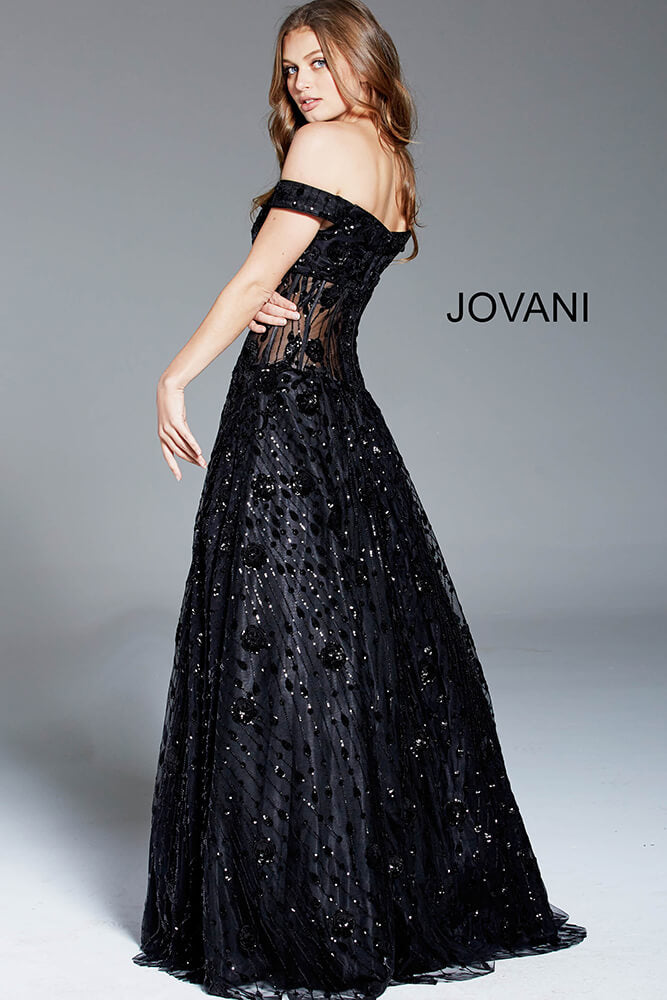 JOVANI 60814 Black Sequin Embellished Off the Shoulder Evening Gown - CYC Boutique