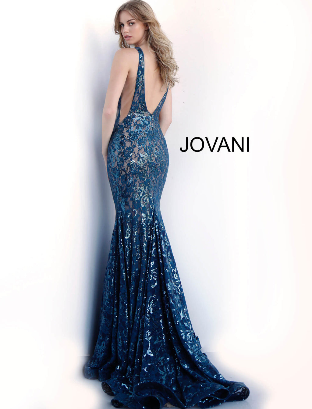 JOVANI 63437 Low V-Neck Embellished Evening Dress - CYC Boutique