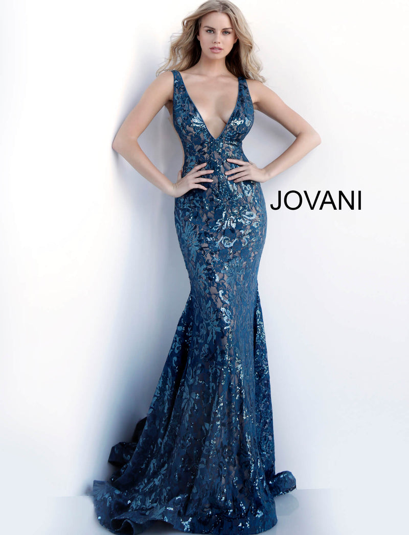 JOVANI 63437 Low V-Neck Embellished Evening Dress - CYC Boutique