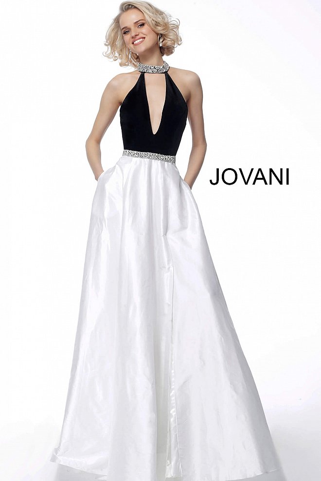 JOVANI 66295 Black White High Neck A Line Evening Dress 66295 - CYC Boutique