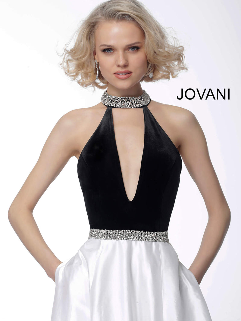 JOVANI 66295 Black White High Neck A Line Evening Dress 66295 - CYC Boutique