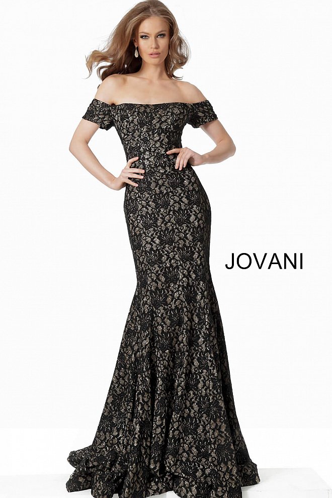 JOVANI 66305 Off the Shoulder Fitted Lace Evening Dress - CYC Boutique