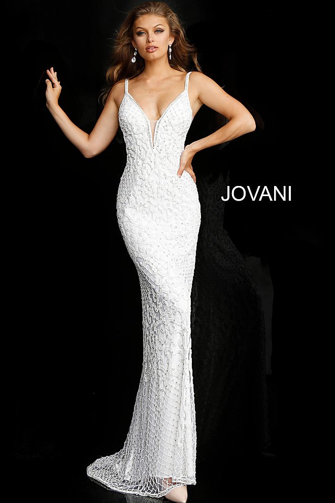 JOVANI 66765 Embellished Plunging Neck Bridal Dress - CYC Boutique
