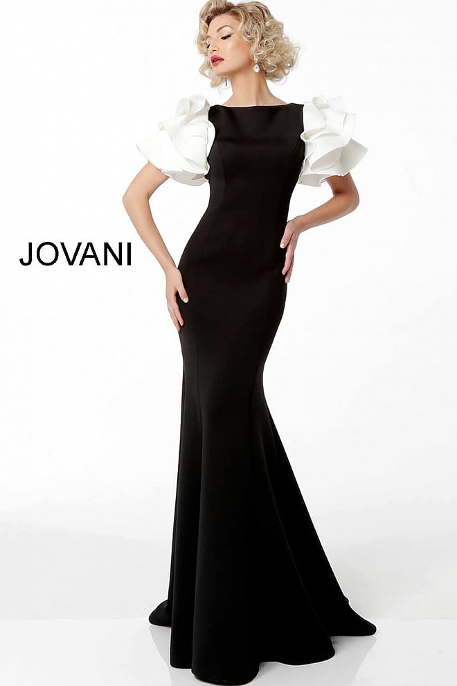 JOVANI 67119 Black White Ruffle Short Sleeve Evening Gown - CYC Boutique