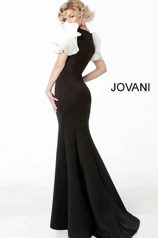 JOVANI 67119 Black White Ruffle Short Sleeve Evening Gown - CYC Boutique