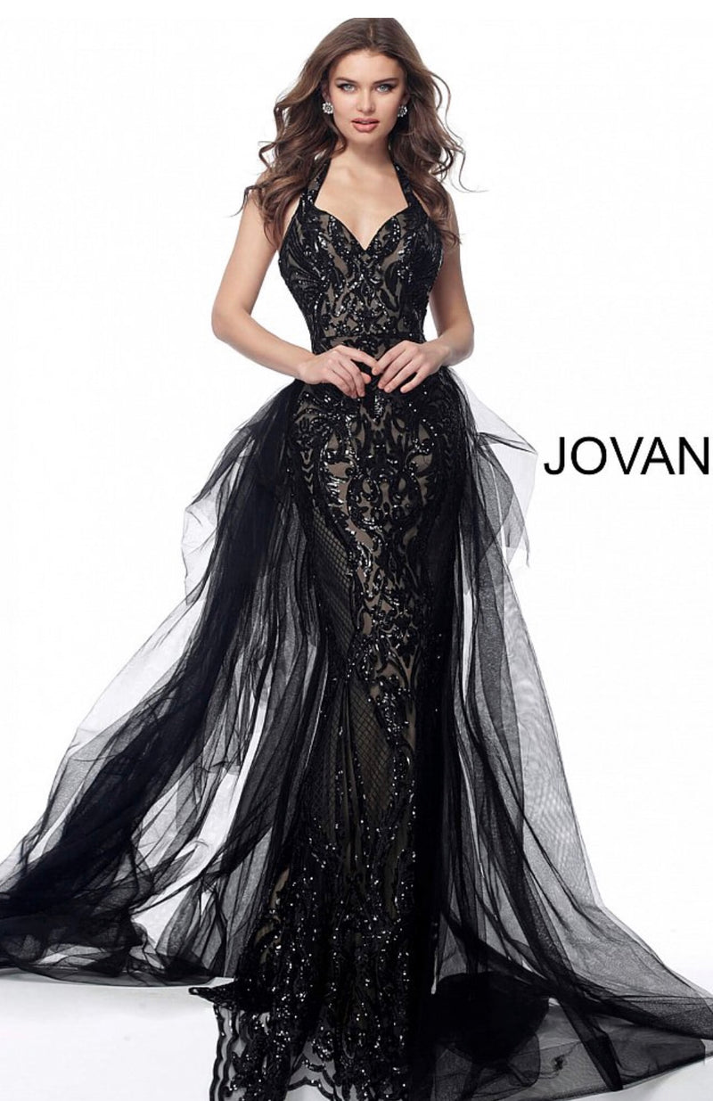 JOVANI 62635 Halter Neck Tulle Over skirt Evening Dress - CYC Boutique