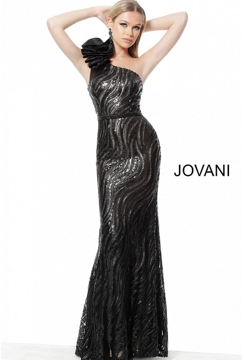 JOVANI 56095 Black One Shoulder Embellished Evening Dress - CYC Boutique