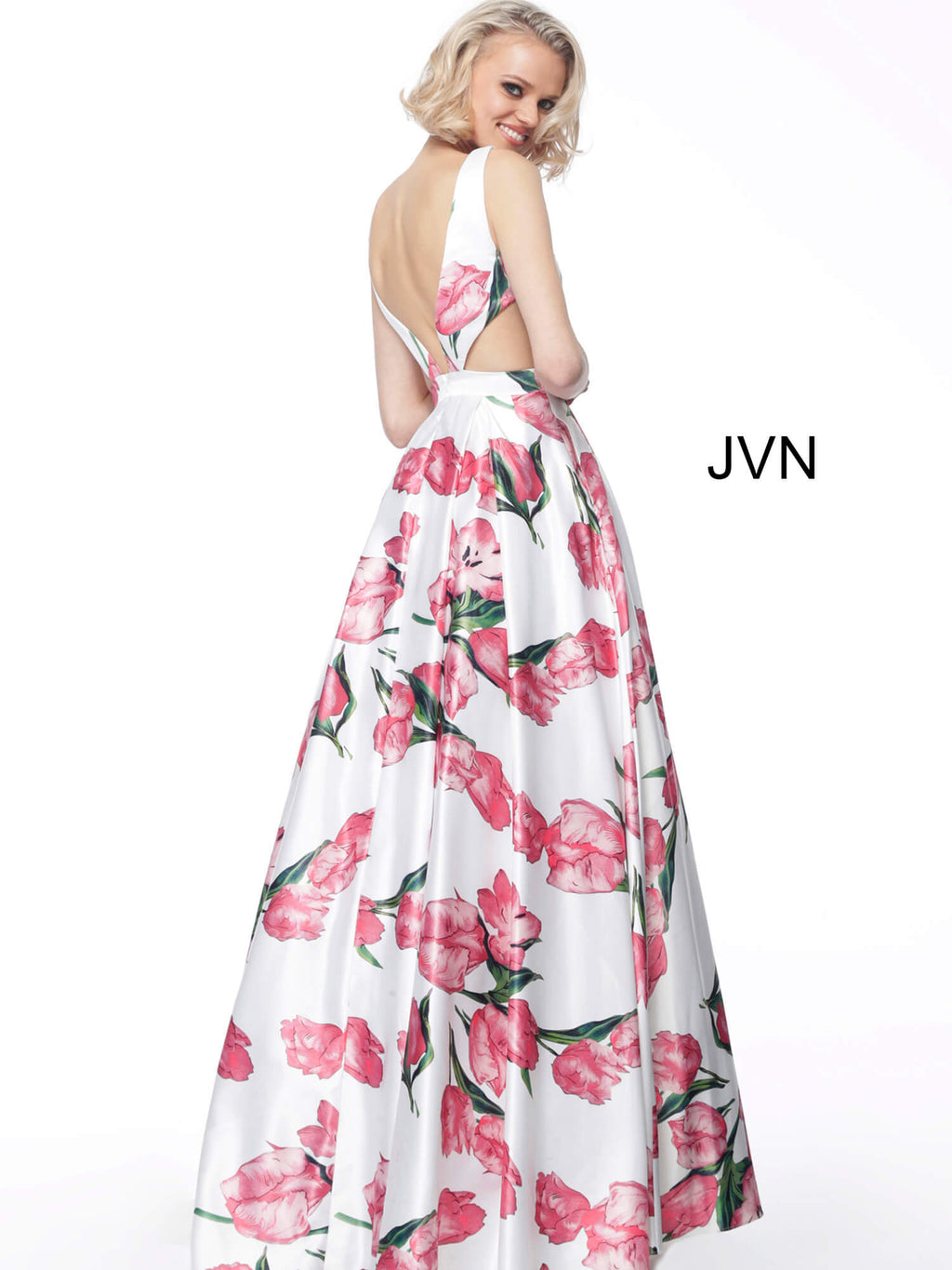 JOVANI JVN60462 Print V Neck Satin Floral Evening Ballgown - CYC Boutique