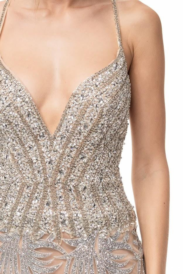 Crystal Embellished Deep V-Neck Evening Dress - CYC Boutique
