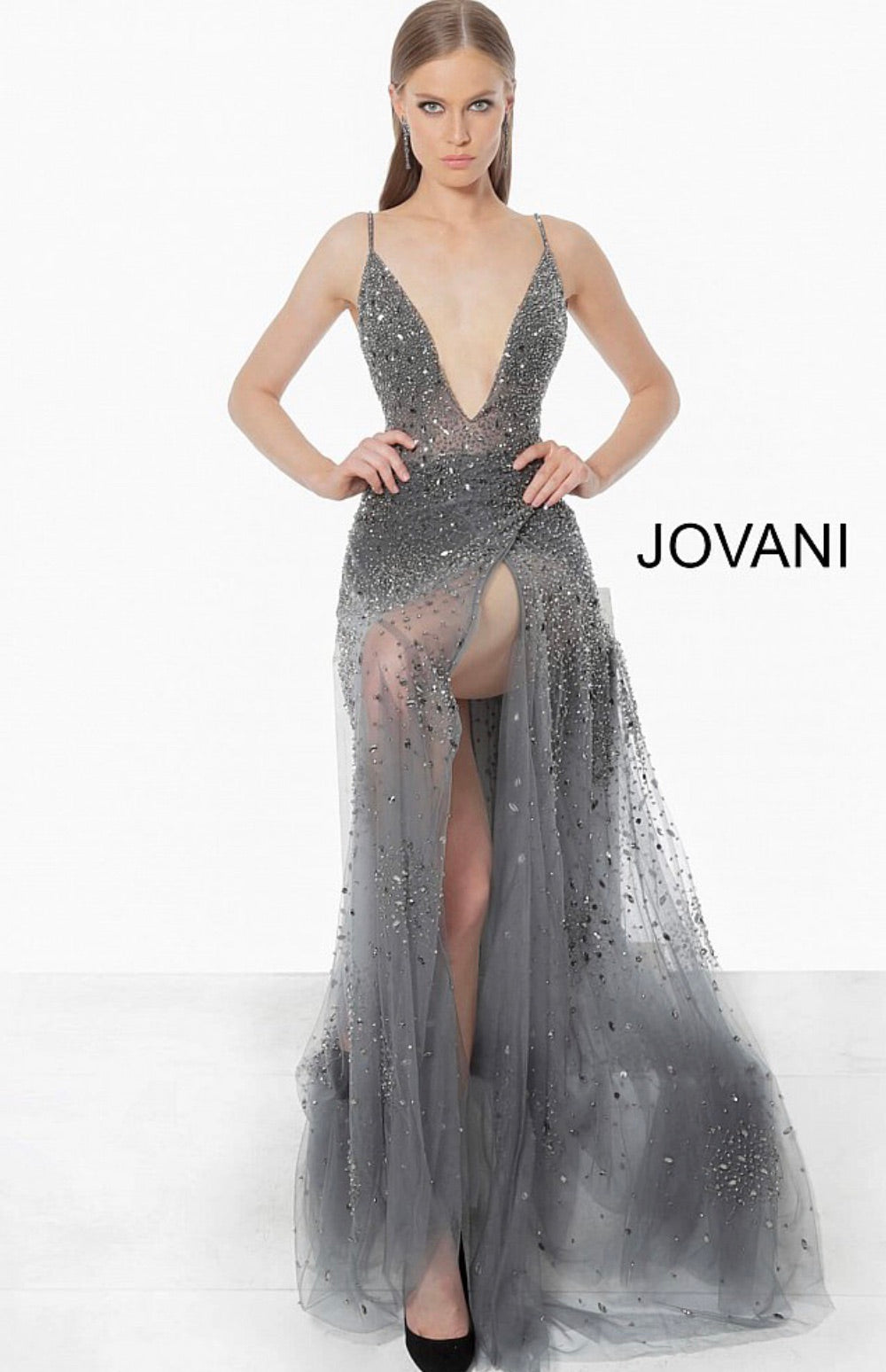 JOVANI 65259 Beaded Low V-Neck Sheer Evening Dress - CYC Boutique