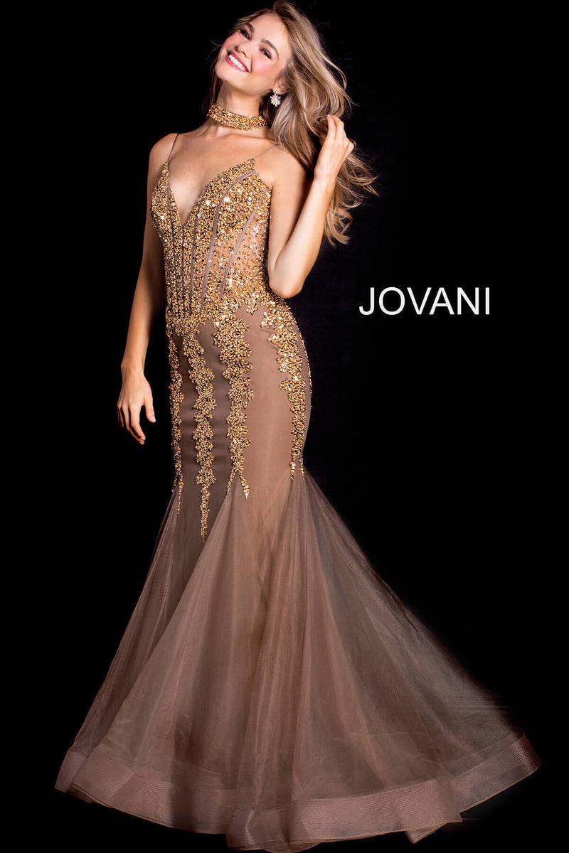 JOVANI 56032 Embellished Mermaid Dress with Choker - CYC Boutique