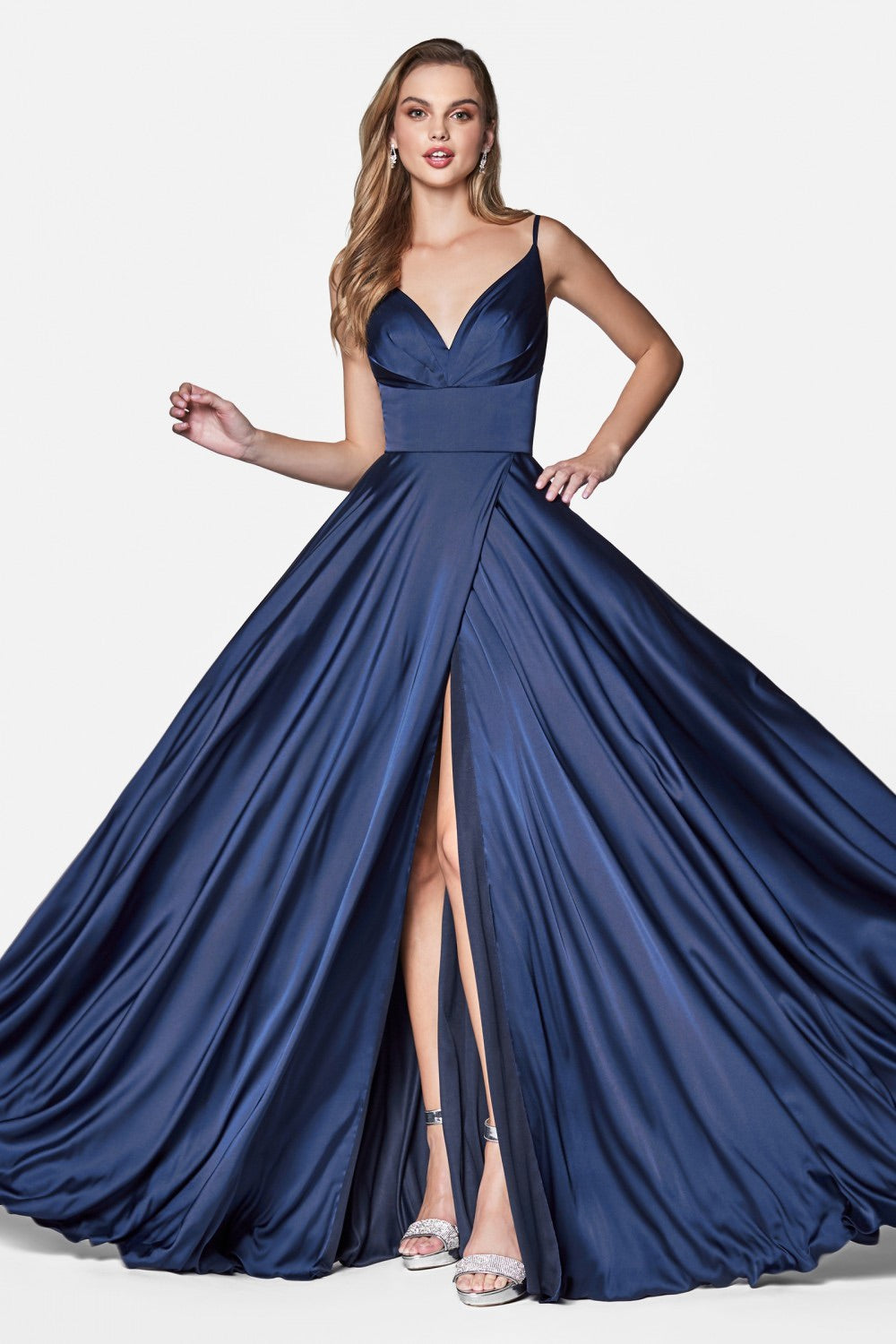 Cinderella Divine 7472 Satin A-Line Gown with High Slit - CYC Boutique