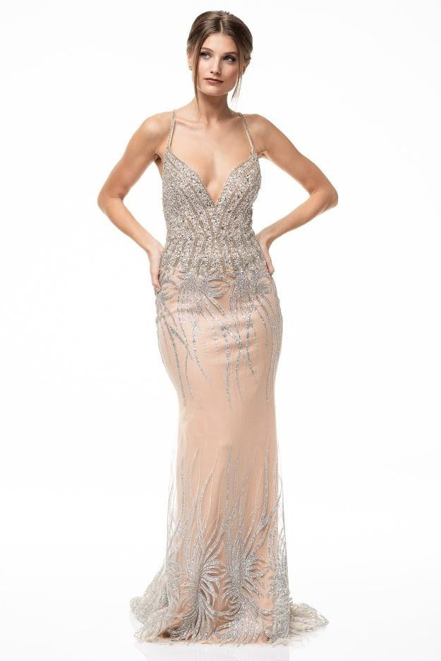 Crystal Embellished Deep V-Neck Evening Dress - CYC Boutique