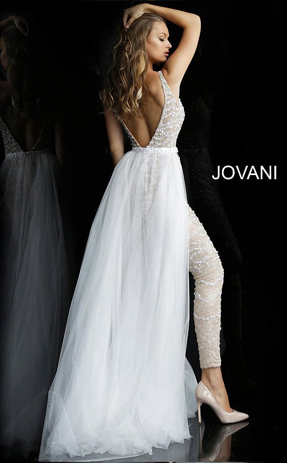 JOVANI 60010 Beaded Jumpsuit With Tulle Overskirt