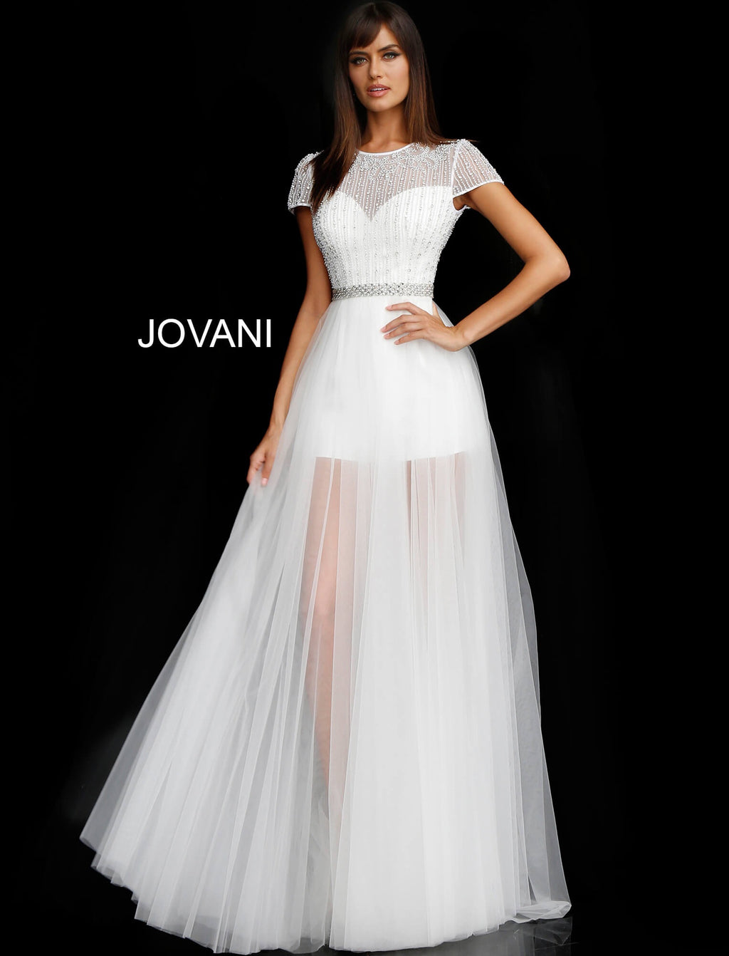 JOVANI 65590 Short Sleeve Sheer Neckline Bridal Dress - CYC Boutique