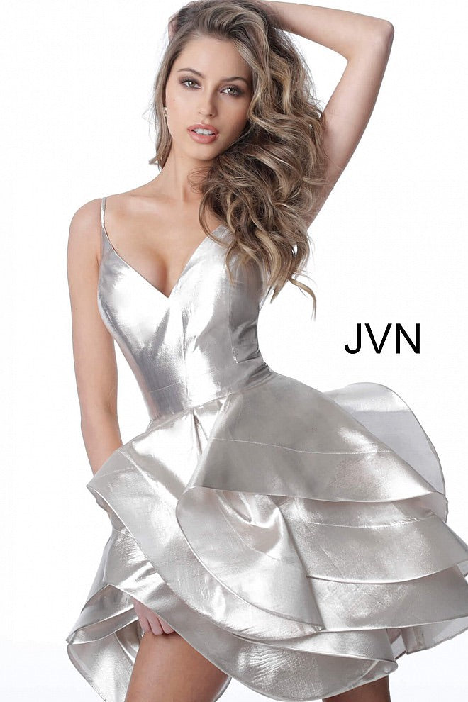 JOVANI JVN2386 Champagne V Neck Layered Skirt Cocktail Dress - CYC Boutique