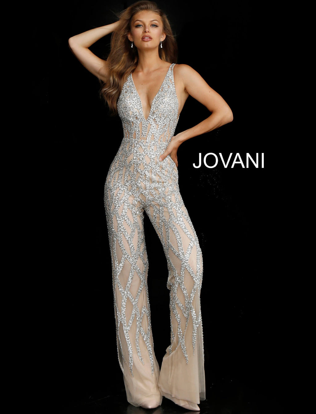 JOVANI 61573 Plunging Neckline Beaded Jumpsuit - CYC Boutique
