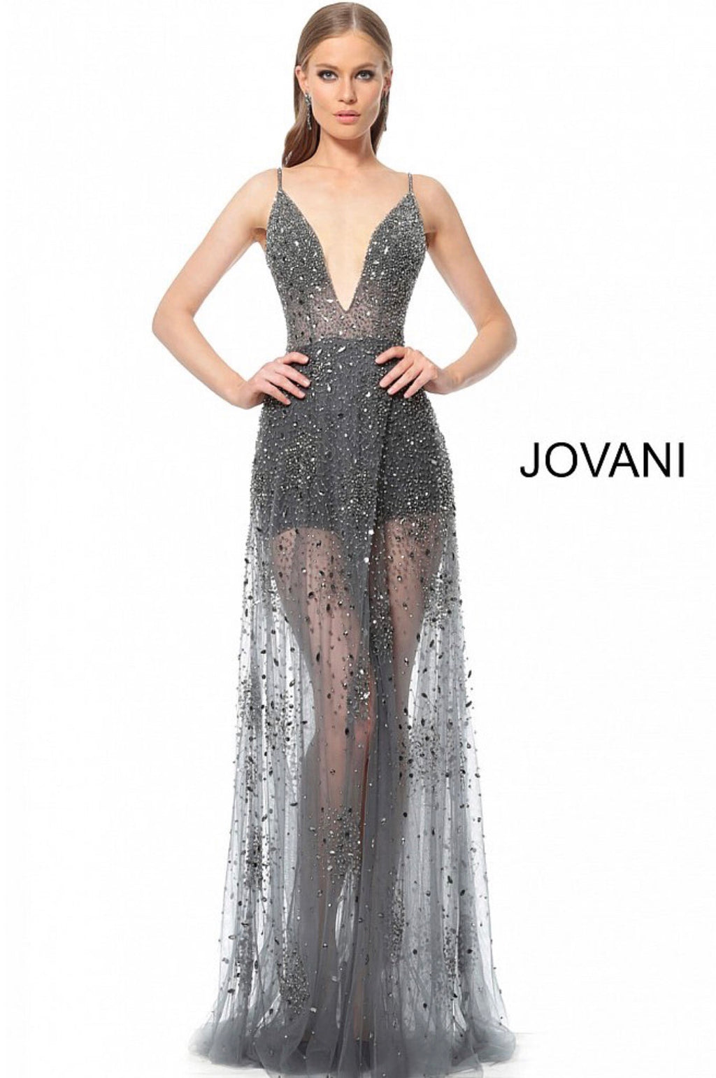 JOVANI 65259 Beaded Low V-Neck Sheer Evening Dress - CYC Boutique