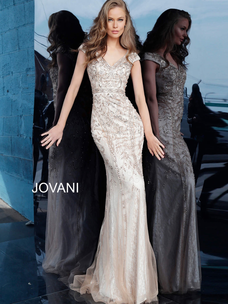JOVANI 62720 Beaded Form Fitting V Neck Evening Dress - CYC Boutique