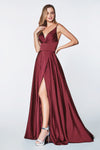 Cinderella Divine 7472 Satin A-Line Gown with High Slit - CYC Boutique