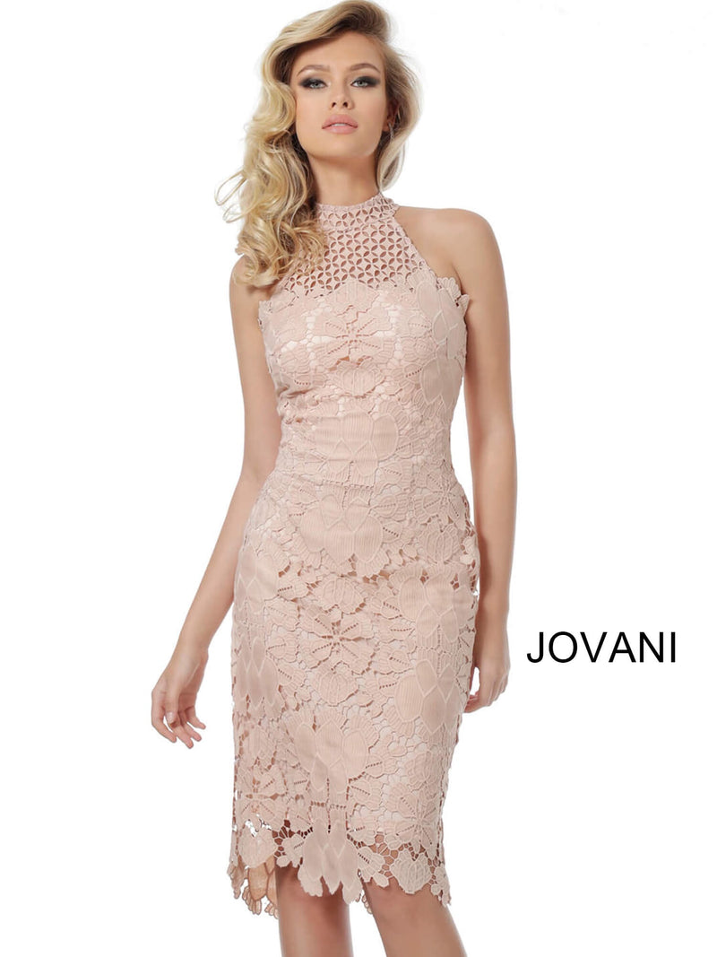 JOVANI 68747 Light Pink High Neck Sleeveless Lace Cocktail Dress - CYC Boutique