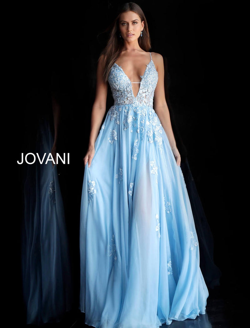 JOVANI 58632 Floral Embroidered Plunging Neckline Dress - CYC Boutique