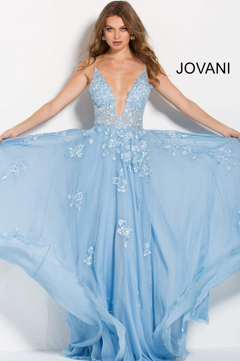 JOVANI 58632 Floral Embroidered Plunging Neckline Dress - CYC Boutique