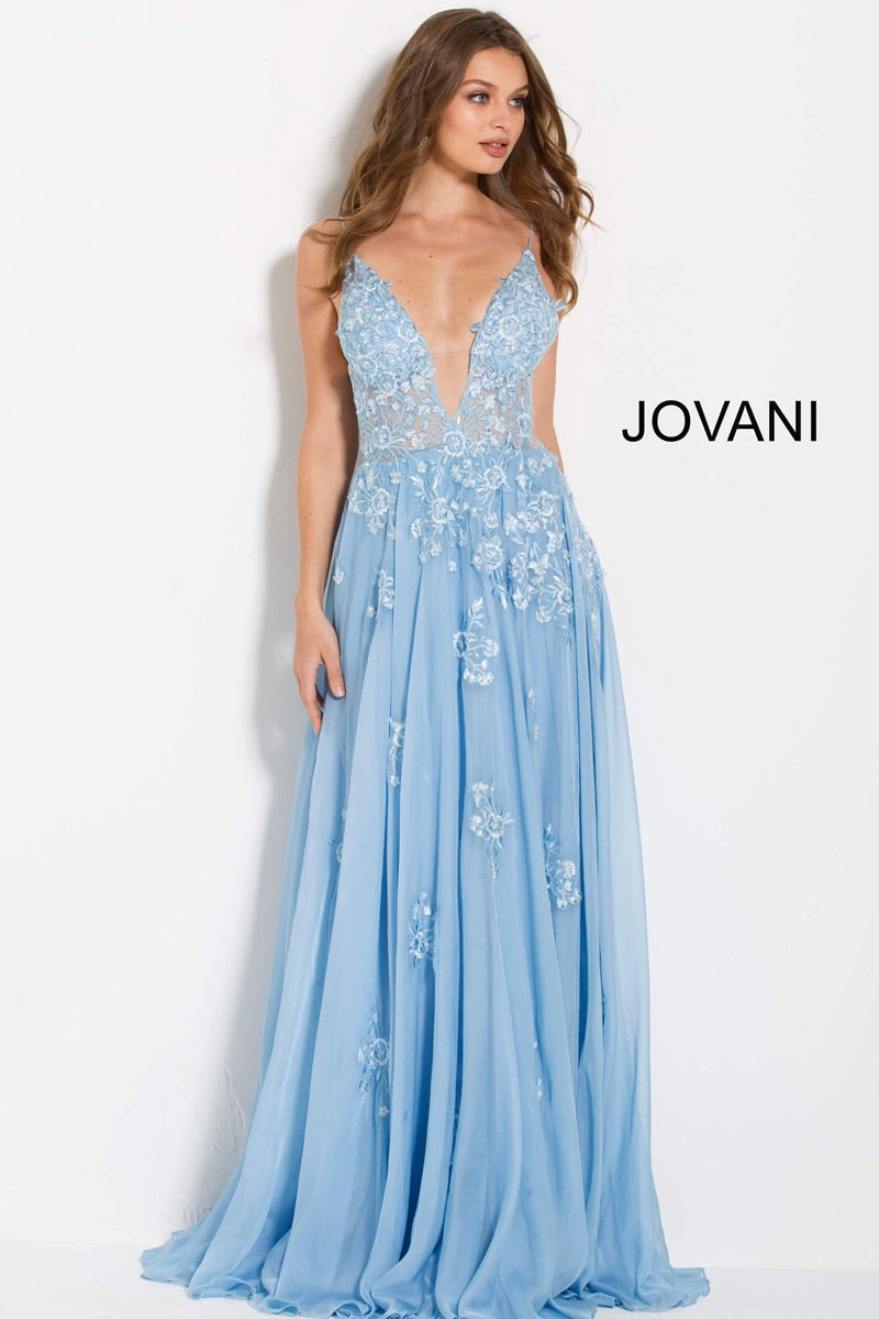 JOVANI 58632 Floral Embroidered Plunging Neckline Dress - CYC Boutique