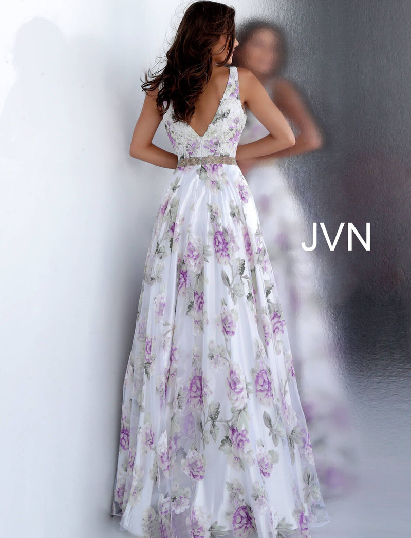 JVN by JOVANI White Floral Print Embellished Belt Prom Ballgown - CYC Boutique