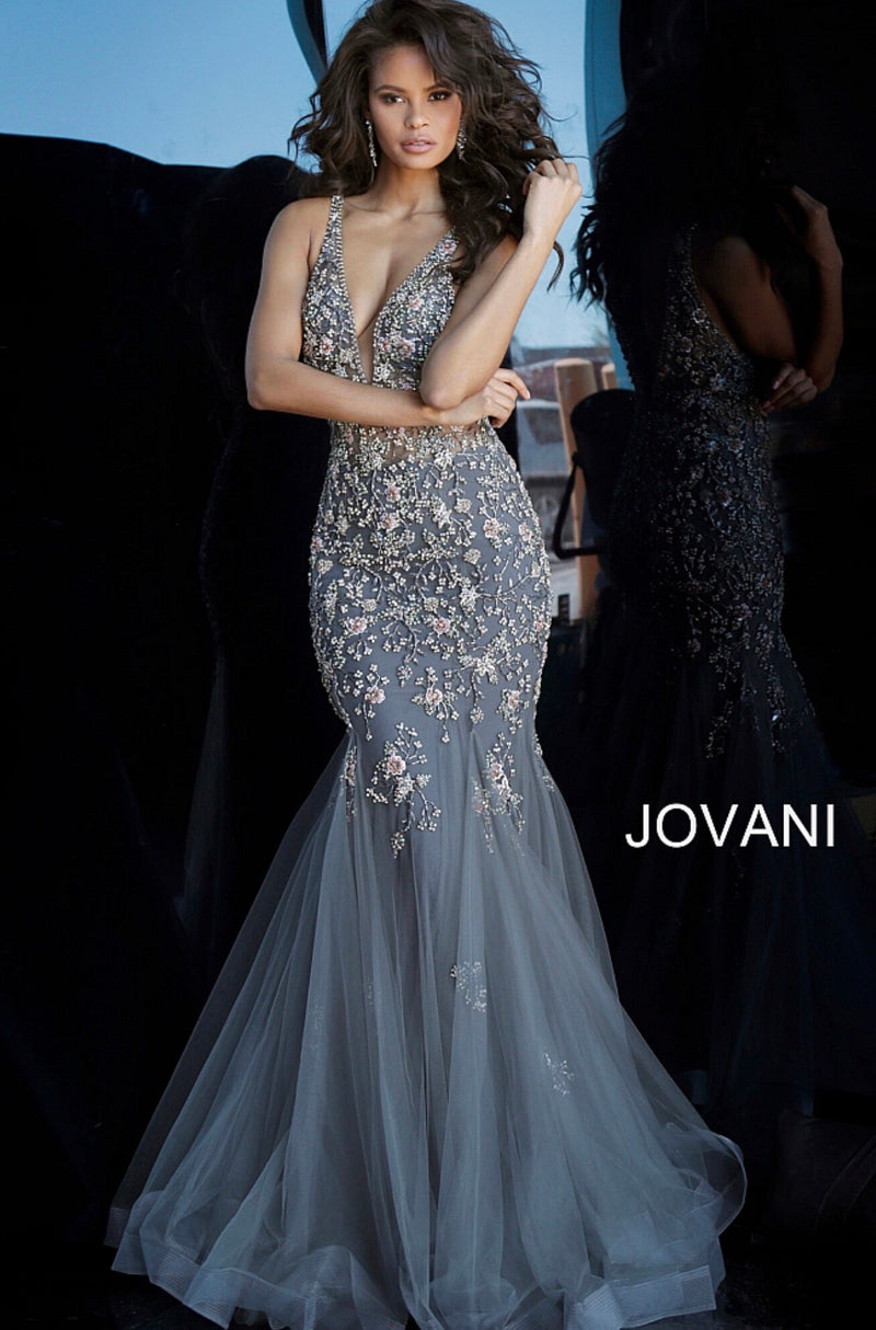 JOVANI 61040 Low V-Neck Beaded Mermaid Evening Dress - CYC Boutique